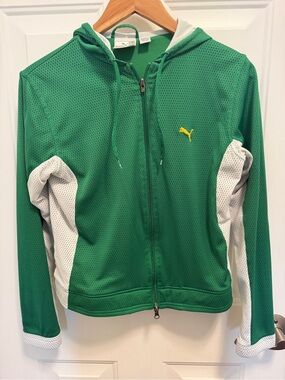 Puma- Retro Women’s Mesh Green and White Hooded Track Jacket with Yellow Logo S